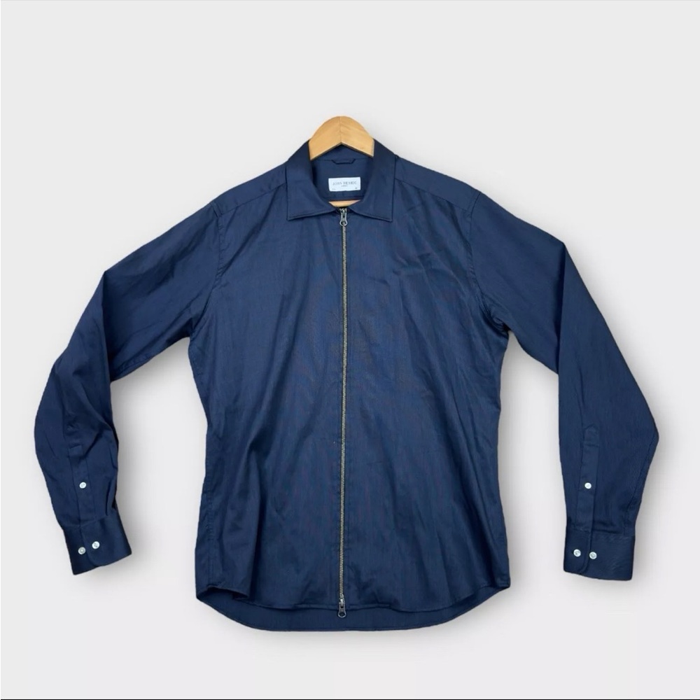 JOHN HENRIC Zip Front Cotton Long Sleeve Shirt Safari Jacke 16.5 42 Blue Sweden